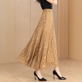 夏季 新款 卡其提花雪纺半身裙镂空垂感A字高腰气质大摆跳舞长裙子