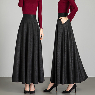 秋冬新款复古黑色暗花半身裙女中长款高腰a字大摆跳舞裙大码长裙