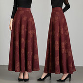 秋冬新款 印花复古半身裙女气质高腰显瘦a字裙大摆垂感跳舞长裙子