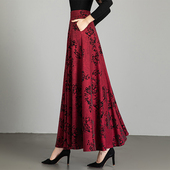 裙百搭跳舞大摆长裙 大码 秋冬新款 印花气质高腰a字半身裙女中长款