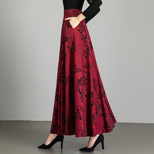 秋冬新款印花气质高腰a字半身裙女中长款大码裙百搭跳舞大摆长裙