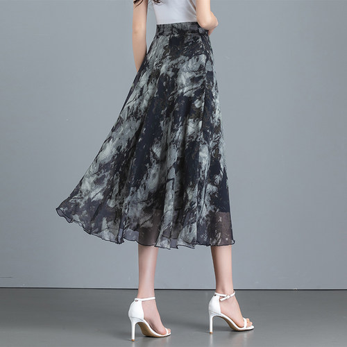 2025新款水墨画印花雪纺半身裙女夏季中长款高腰大码A字裙大摆裙
