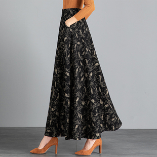 半身裙女长裙2026春秋新款印花高腰中长款大码垂感显瘦大摆A字裙