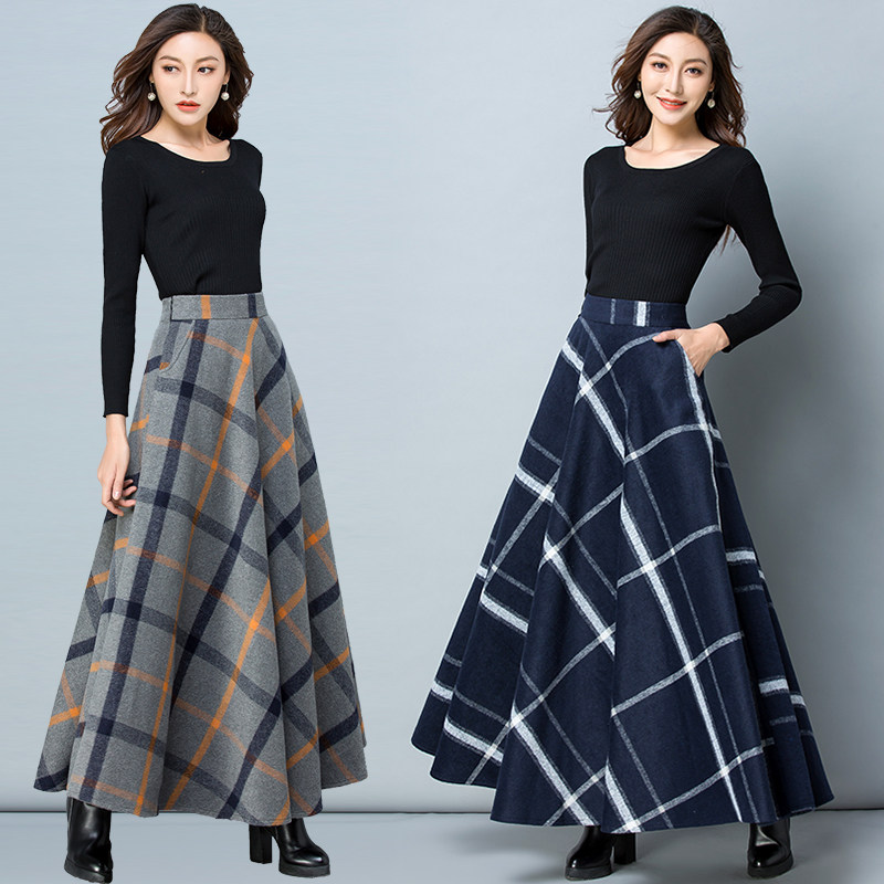 2025秋冬新款加厚毛呢半身裙女中长款裙子高腰百搭A字裙格子长裙