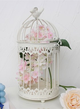 白色装饰鸟笼铁件烛台复古套三可爱家居饰品装饰摆件可挂多肉花盆