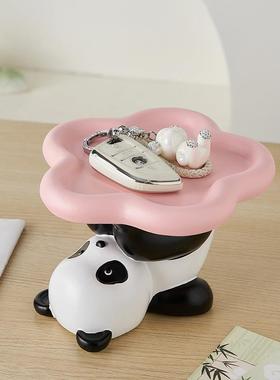 创意卡通设计花花熊猫收纳托盘玄关家居软装桌面收纳用摆件装饰品