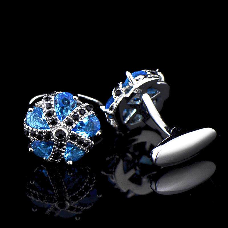 英博ixiukou蓝色水晶花锆石皇冠袖扣法式袖钉709cufflinks/250021