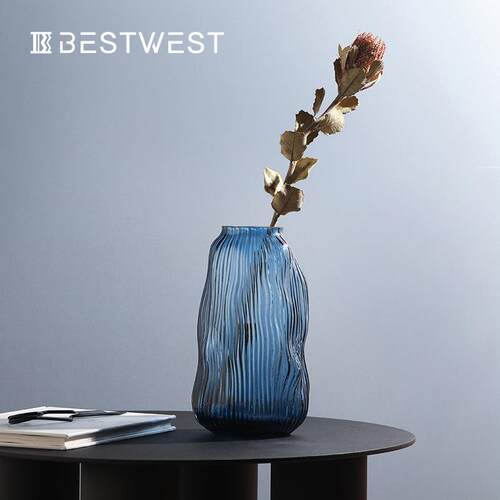 Best west 北欧烟蓝色不规则透明水培玻璃花瓶 家居客厅装饰花器