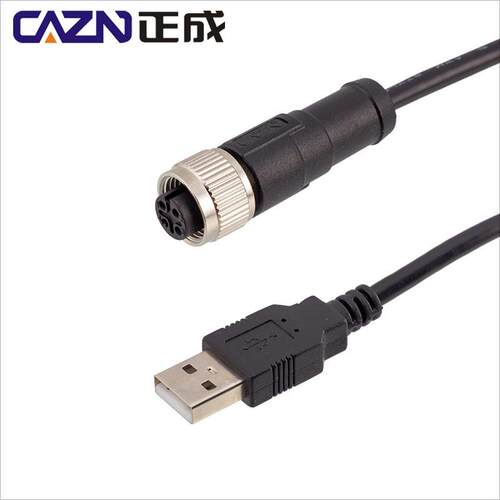 M12转USB连接器4芯5芯M12公头母头接USB2.0数据线1M2M5M长度