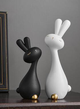 现代简约艺术黑白兔子桌面小摆件树脂工艺品客厅办公室电视柜装饰