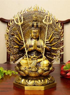 黄铜器 千手观音黄铜像 坐相观音 带背光观音 高40厘米
