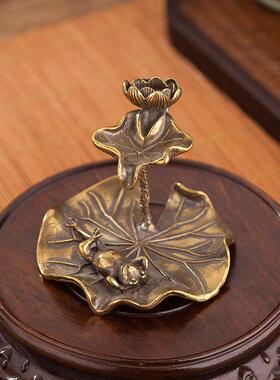 新款黄铜莲花青蛙香插倒流香茶道摆件复古创意特色禅意金属工艺品