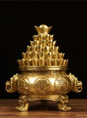 铜元宝款黄铜聚宝盆摆件 三足铜元宝聚宝盆摆件 元宝上聚宝盆