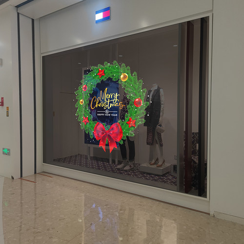 耶诞节贴纸玻璃耶诞花环静电贴z场景布置窗花门饰窗贴橱门贴装饰
