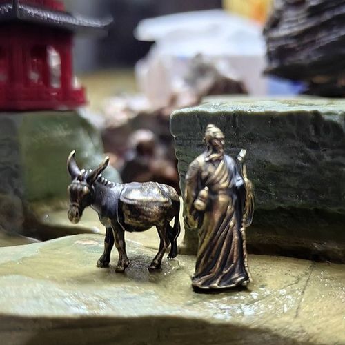 黄铜云游老人驴华佗茶桌盆景植物假山流水鱼缸摆件微型景观模型