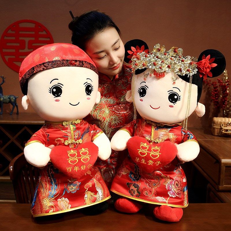 压床娃娃一对结婚新款高档喜娃新婚摆件玩偶中式婚庆压床公仔