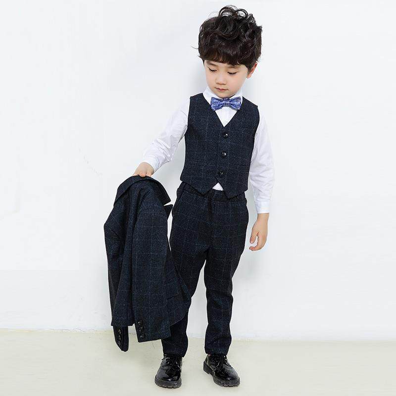 2026新款儿童西装套装三件套红灰色男童小孩西服秋冬款小西装