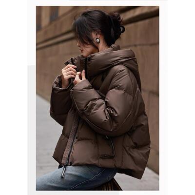 云朵泡芙抽绳立领连帽羽绒服女2025年冬季新款95白鹅绒面包服外套