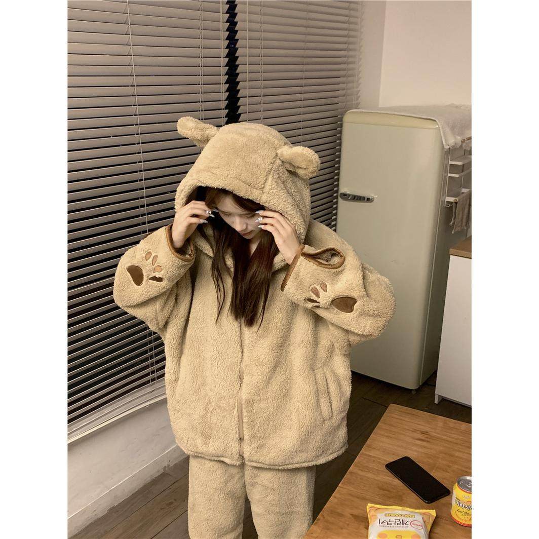 实拍实价韩版冬季加厚珊瑚绒卡通刺绣熊仔毛绒绒外穿家居服套装