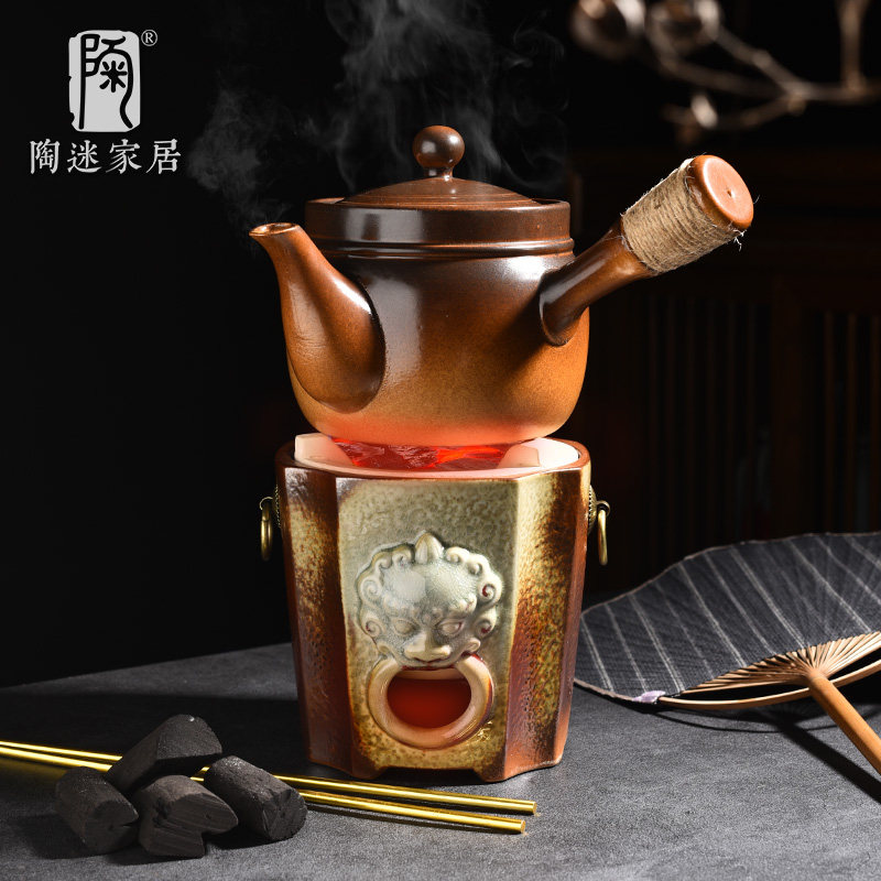 柴烧耐高温炭炉套装侧把煮茶壶陶瓷大容量提梁壶木炭明火温茶煎药