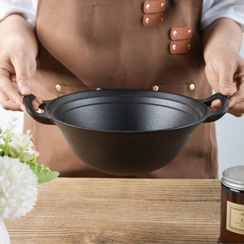 铸铁汤锅不粘锅家用煮粥锅煲多功能小炒锅加深圆底双耳小汤锅22cm