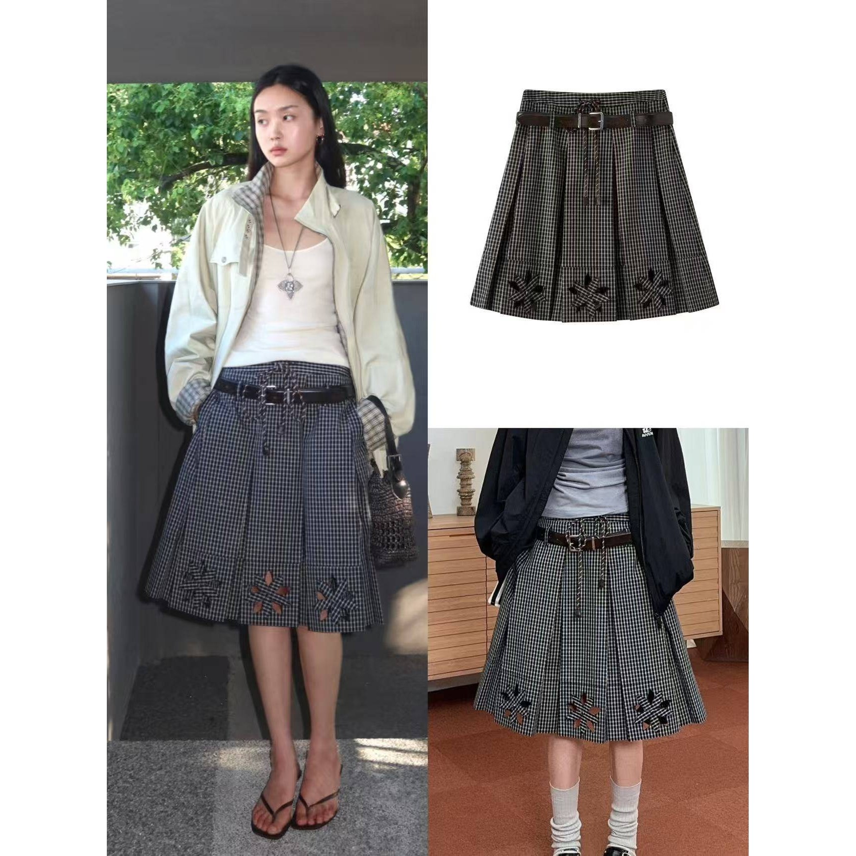 AVV2025秋季新品黑底白格抽绳腰镂空花卉下摆半身裙,女装/女士精品,大码半身裙,淘宝优惠券,粉丝福利购,淘宝优惠卷