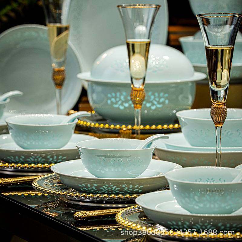 景德镇高温釉下彩餐具套装影青玲珑碗碟套装家用高白瓷易清洗送礼,餐饮具,餐具瓷器套装,淘宝优惠券,粉丝福利购,淘宝优惠卷