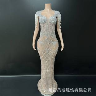 高质感优雅珠链珍珠钻镂空小拖尾长裙订婚宴鸡尾酒party晚会礼服