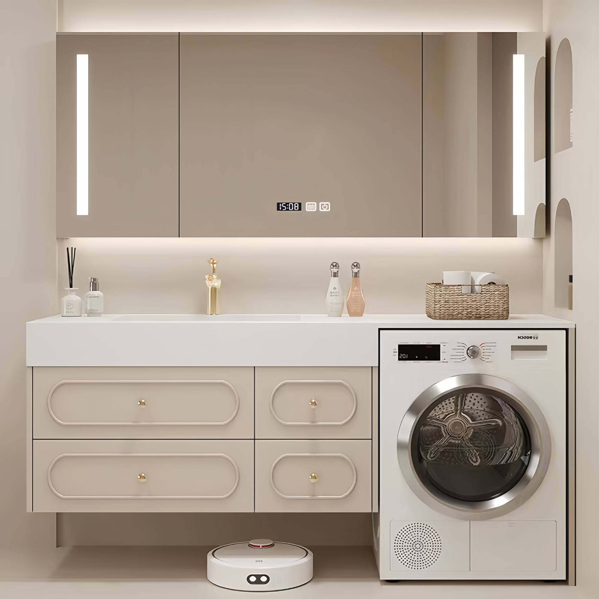 橡木浴室柜洗衣机一体洗脸盆组合卫生间洗漱台洗手盆柜岩板无缝盆,家装主材,洗衣机柜,淘宝优惠券,粉丝福利购,淘宝优惠卷