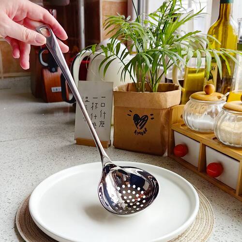 加厚18/10不锈钢挂孔大汤勺漏勺一体成型大漏勺汤勺盛汤粥勺