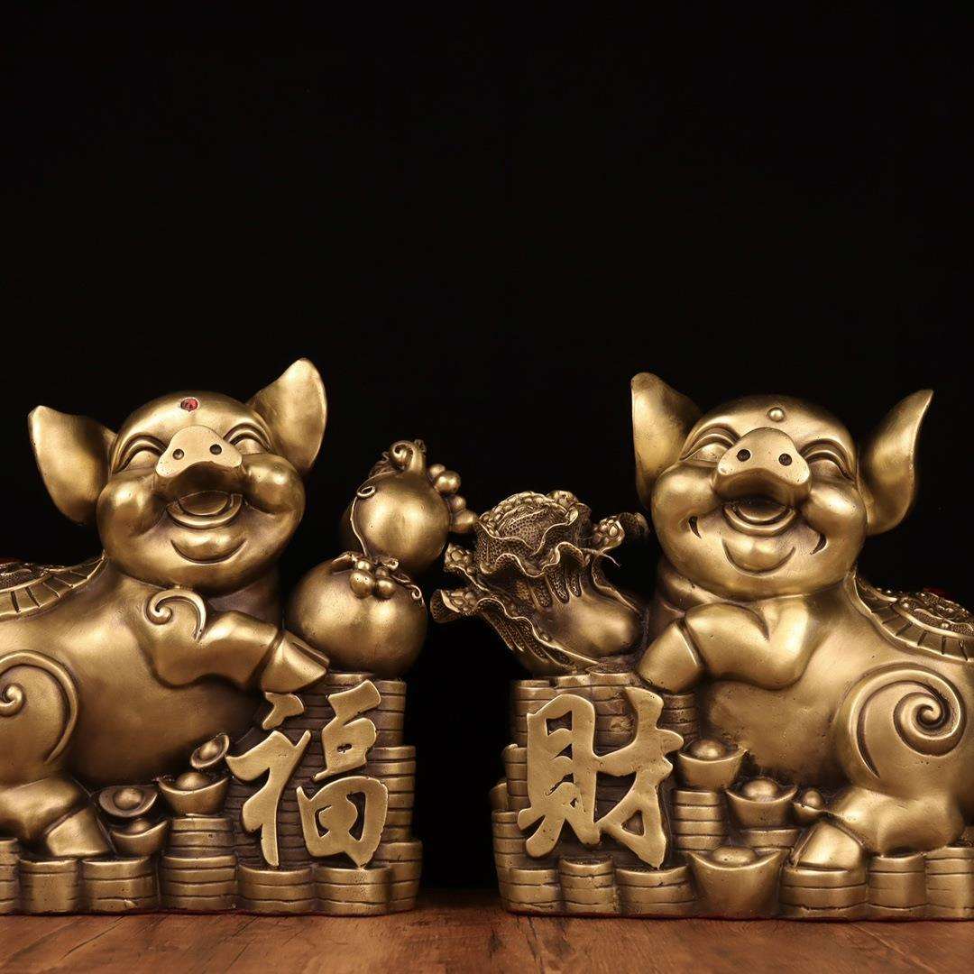 纯铜猪摆件一对财福对猪金钱福禄百财猪家居精工动物摆设工艺品