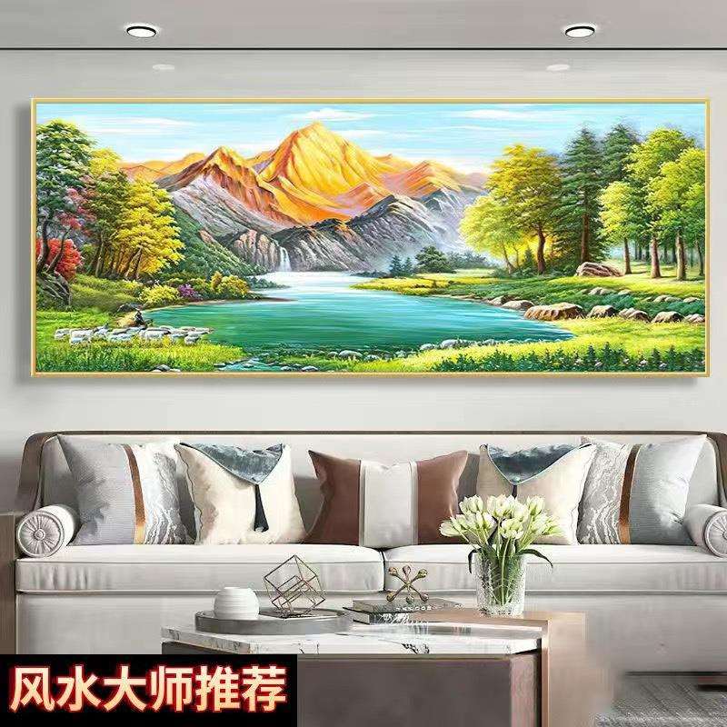西墙聚财挂画家有靠山背景金山青绿聚宝盆山水油画沙发客厅八方招