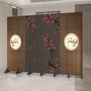 新中式屏风花鸟家用客厅酒店大堂折叠隔断墙暗色移动折叠木质屏风