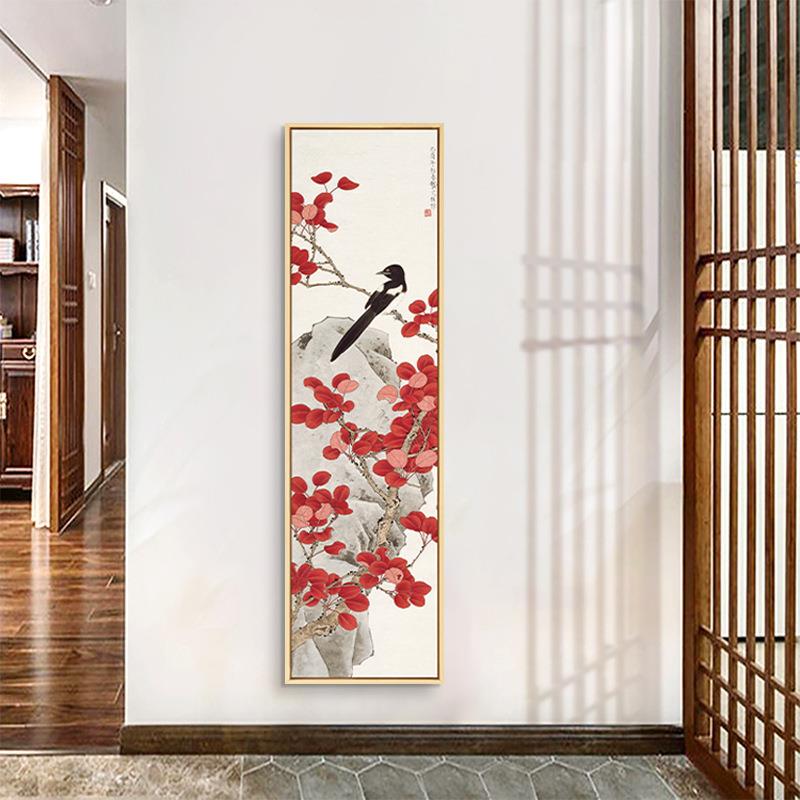 春色 新中式客厅装饰画禅意花鸟过道壁画原木风玄关荷花竖版挂画
