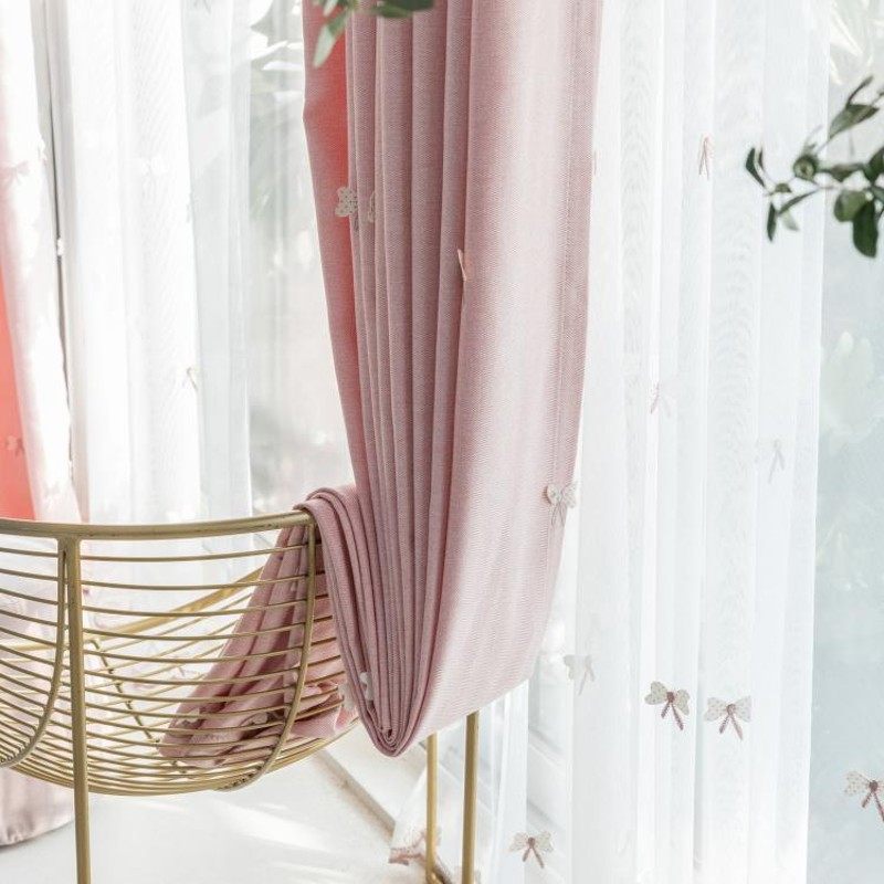 棉麻窗帘粉色人字尼贴布蝴蝶布儿童房窗纱白纱纯色卡通韩式半遮光