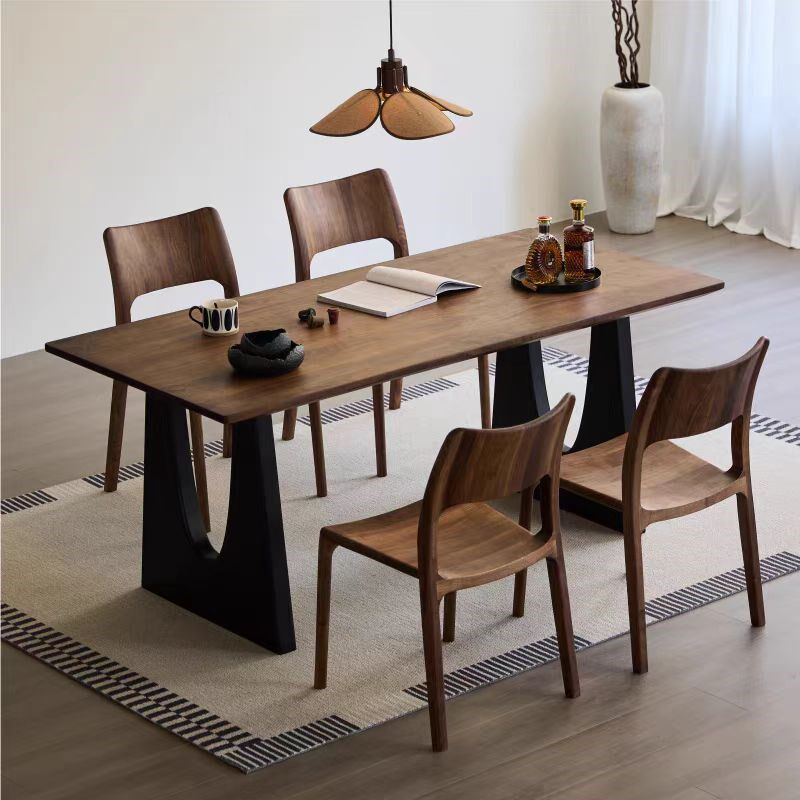 中古风胡桃色实木餐桌椅组合设计师复古高级感意式极简书桌办公桌