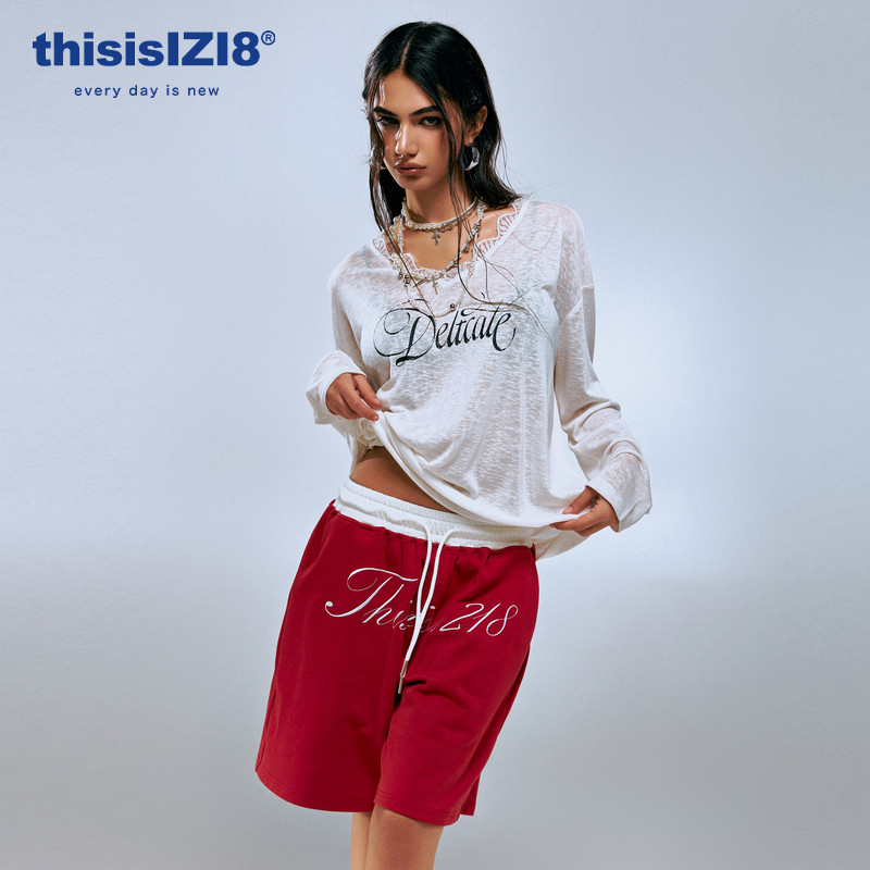 thisisIZI8红色宽松运动短裤
