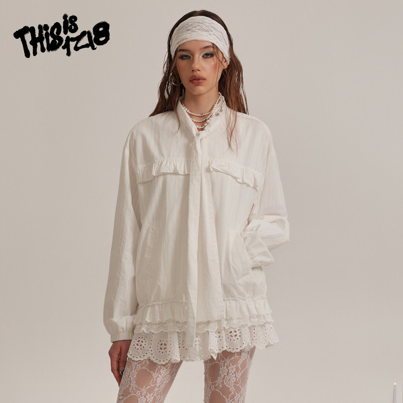 thisisIZI8甜美少女风蕾丝拼接短外套女宽松休闲白色夹克高级感