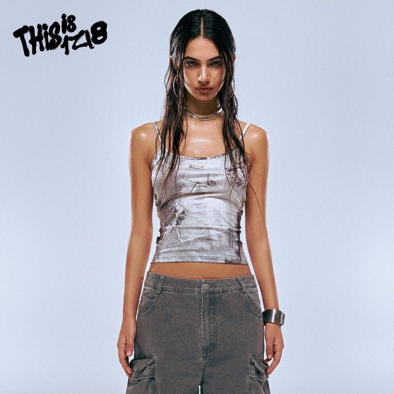 thisisIZI8辣妹风像素印花水墨背心女浅蓝色修身显瘦吊带上衣女装