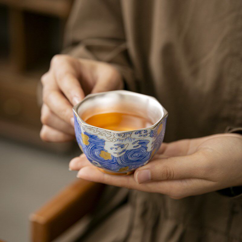 高档创意星空鎏银主人杯品茗杯单杯家用功夫茶陶瓷包银中式单杯