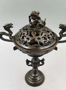 仿古收藏铜香炉熏香炉摆件古玩铜器梅兰竹菊双龙耳狮盖熏香炉摆设