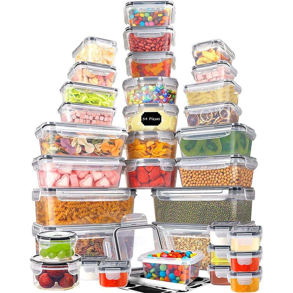跨境冰箱食品塑料34件套保鲜盒密封可用微波炉厨房储物透明收纳