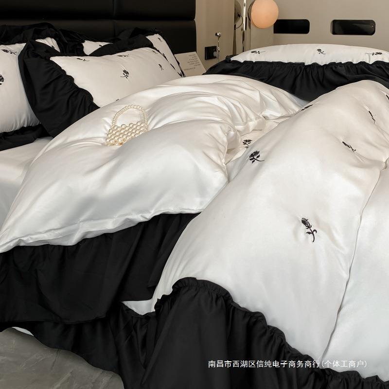 白色黑玫瑰水洗真丝床品四件套冰丝冷感丝滑床单床笠被套宽花边3
