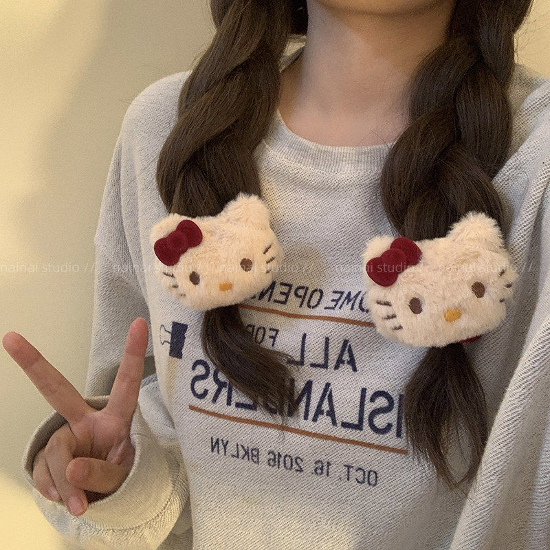 红色Kitty猫咪发夹2025新款可爱毛绒卡通KT猫公仔侧边夹发