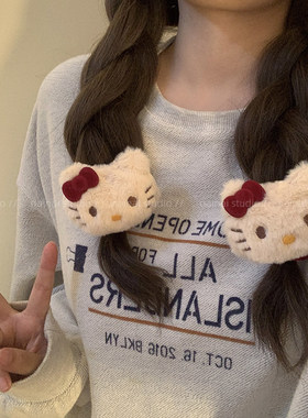 红色Kitty猫咪发夹2025新款可爱毛绒卡通KT猫公仔侧边夹发圈发绳