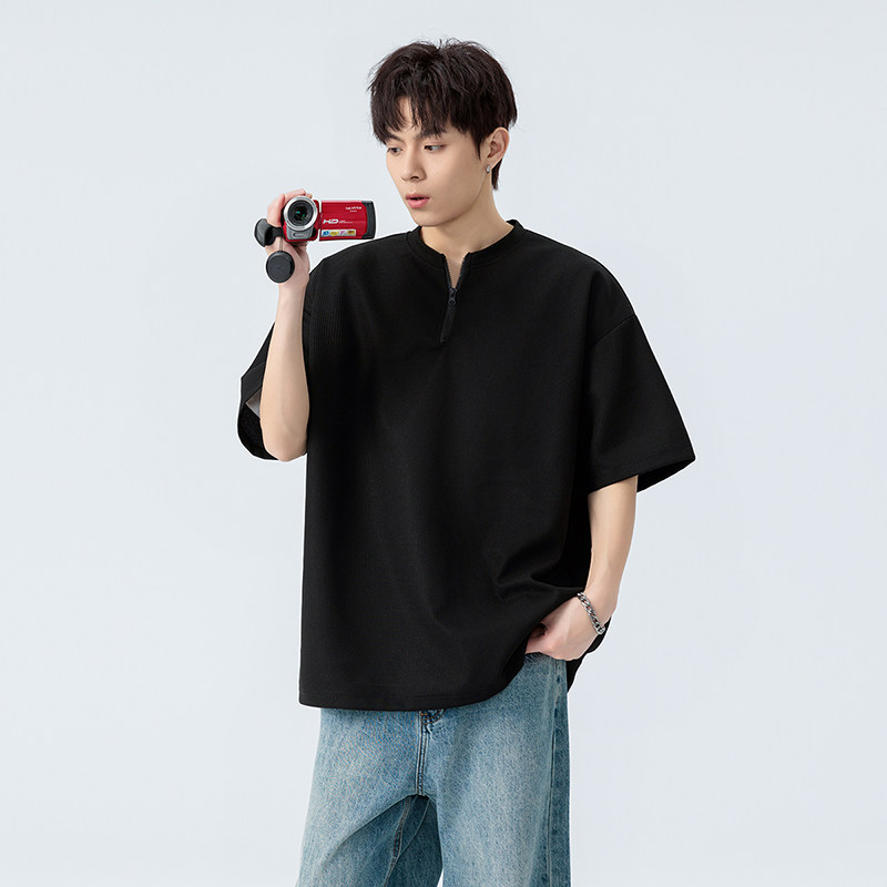 小香风简约半拉链短袖T恤男宽松休闲黑色上衣高级感
