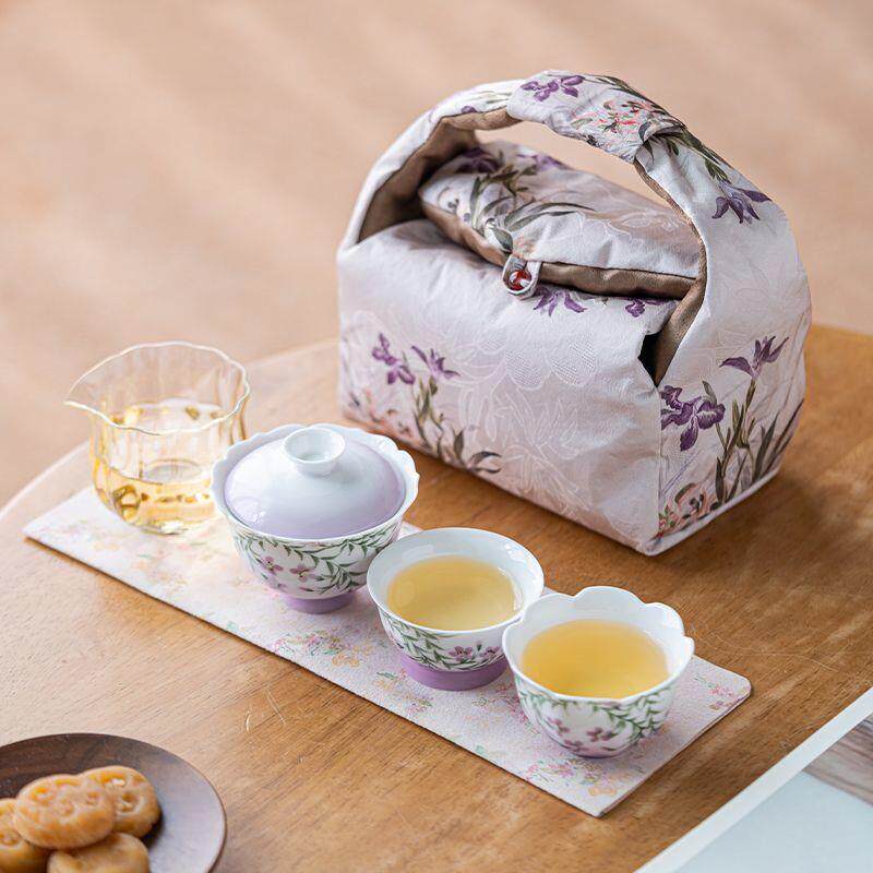 白瓷釉下彩手绘凌霄花旅行茶具套装户外泡茶壶茶杯便携式茶具套装