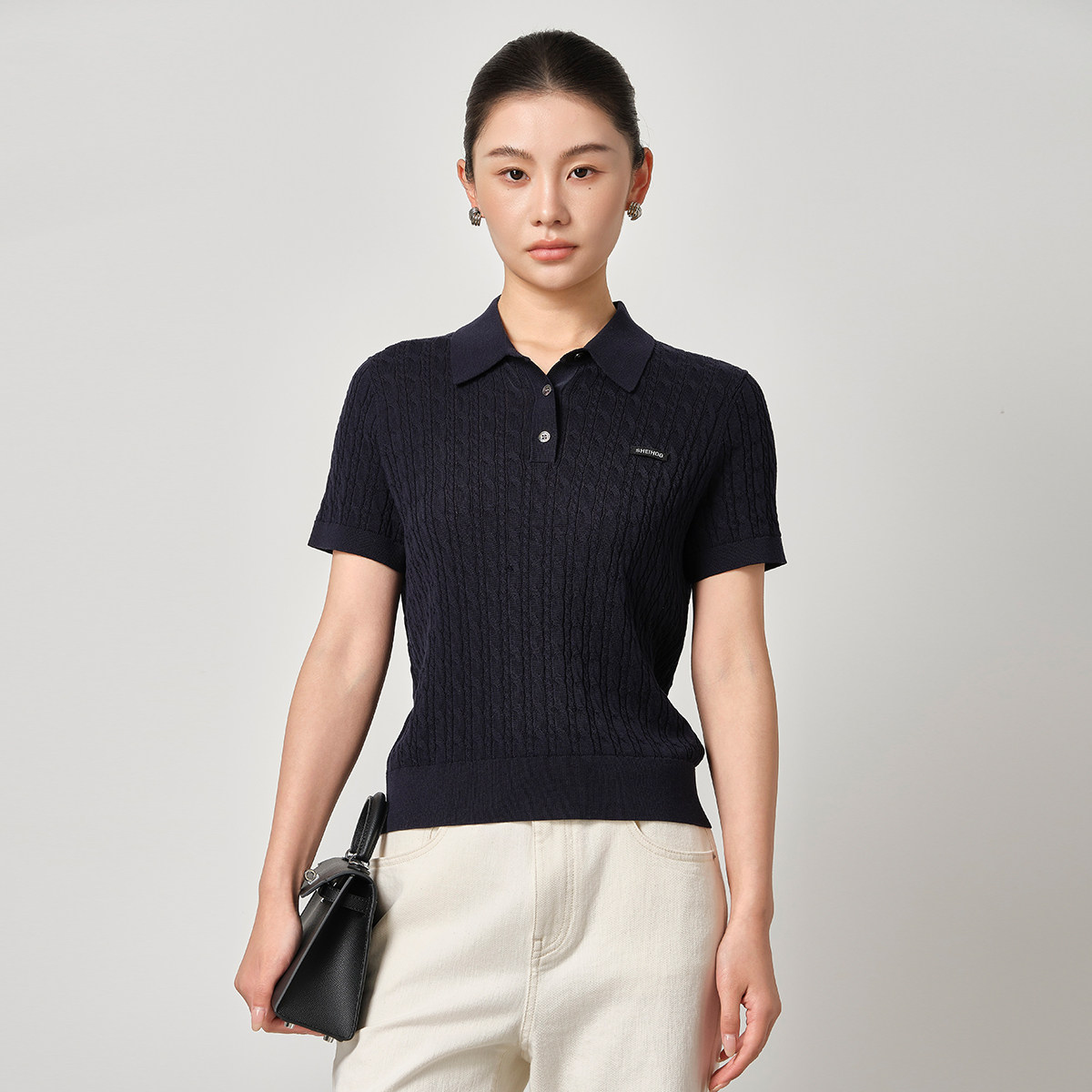 先后SHEIHOO莱赛尔翻领绞花短袖时尚纯色POLO衫女夏棉针织衫8112