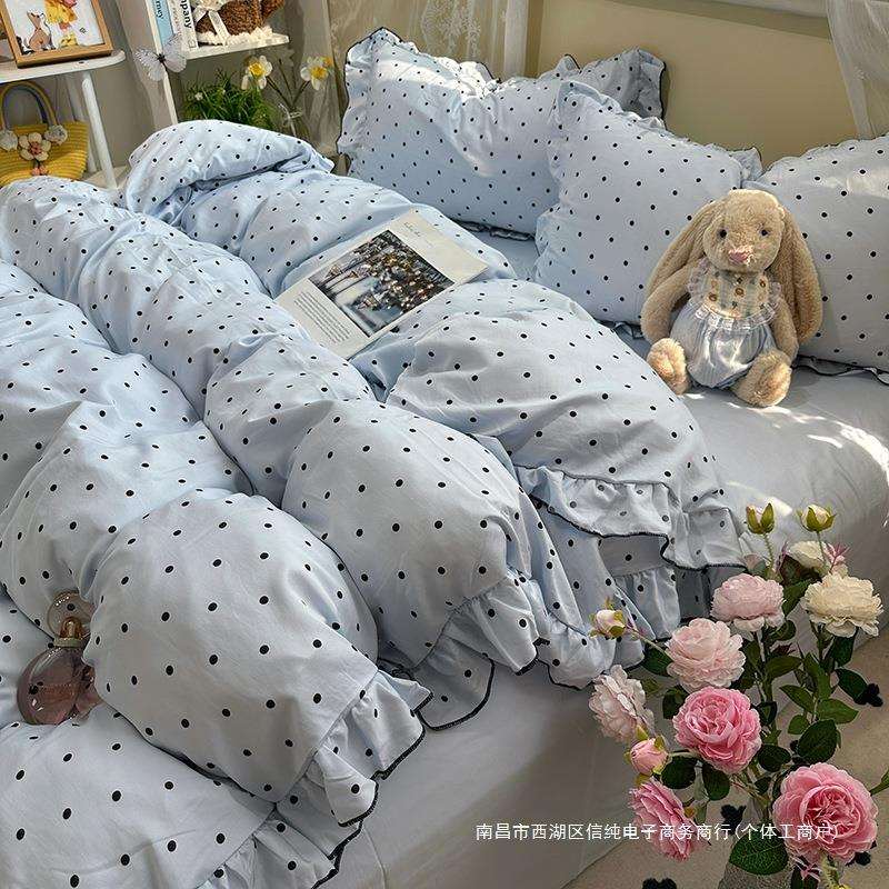 冰丝四件套丝滑裸睡被套床单夏季床笠公主风床上用品夏天蓝色被罩