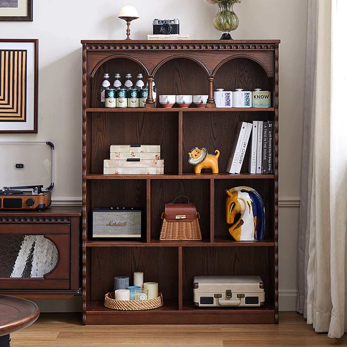 法式复古实木书柜家用中古多功能置物柜靠墙玄关柜落地收纳展示柜,3C数码配件,其它配件,淘宝优惠券,粉丝福利购,淘宝优惠卷